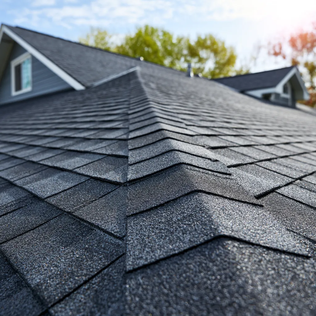 Charcoal shingle ridge line with house gables and trees beyond