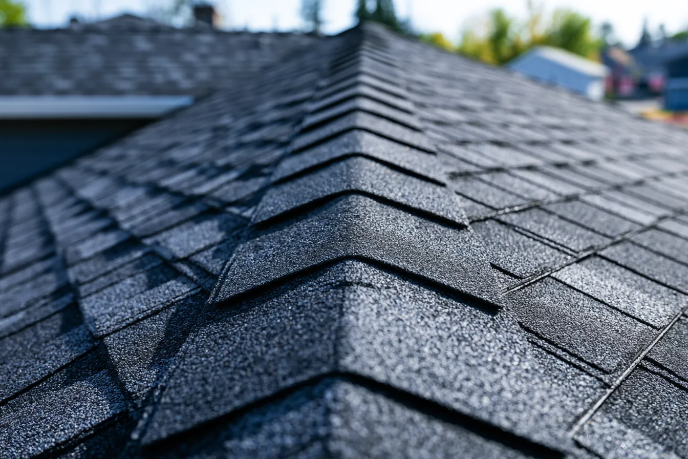 Low angle of dark shingle courses meeting at a hip ridge