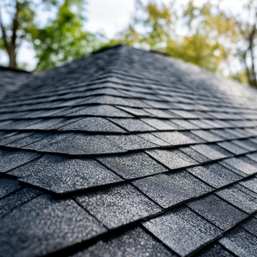 Charcoal architectural shingles converging at a ridge with blurred trees behind