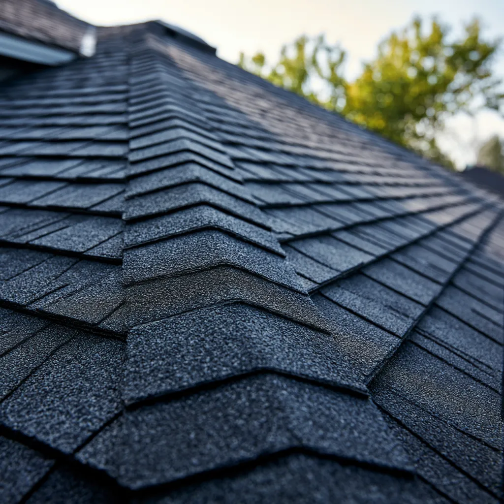 Dark asphalt roof with ridge cap shingles stepping downward