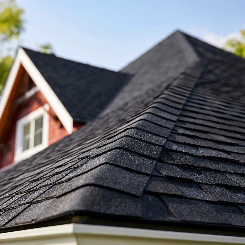 Black shingle roof ridges with a red gable dormer behind