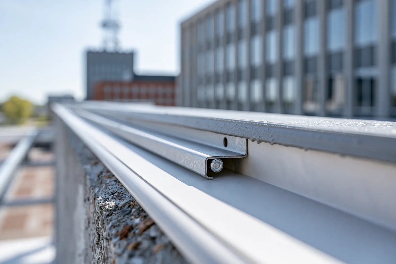 A rooftop parapet edge holds a mounting rail clamp in close-up