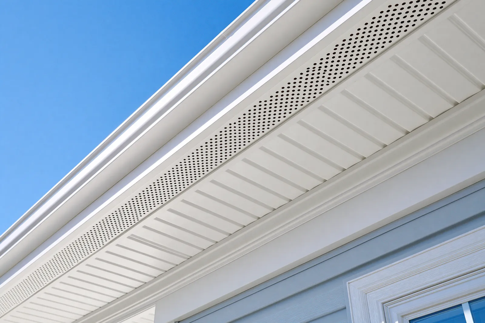 A perforated soffit vent strip runs along a white eave under blue sky
