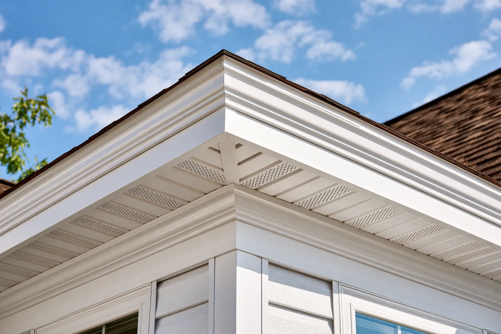 Brown shingle roof corner trimmed with white fascia and perforated soffit