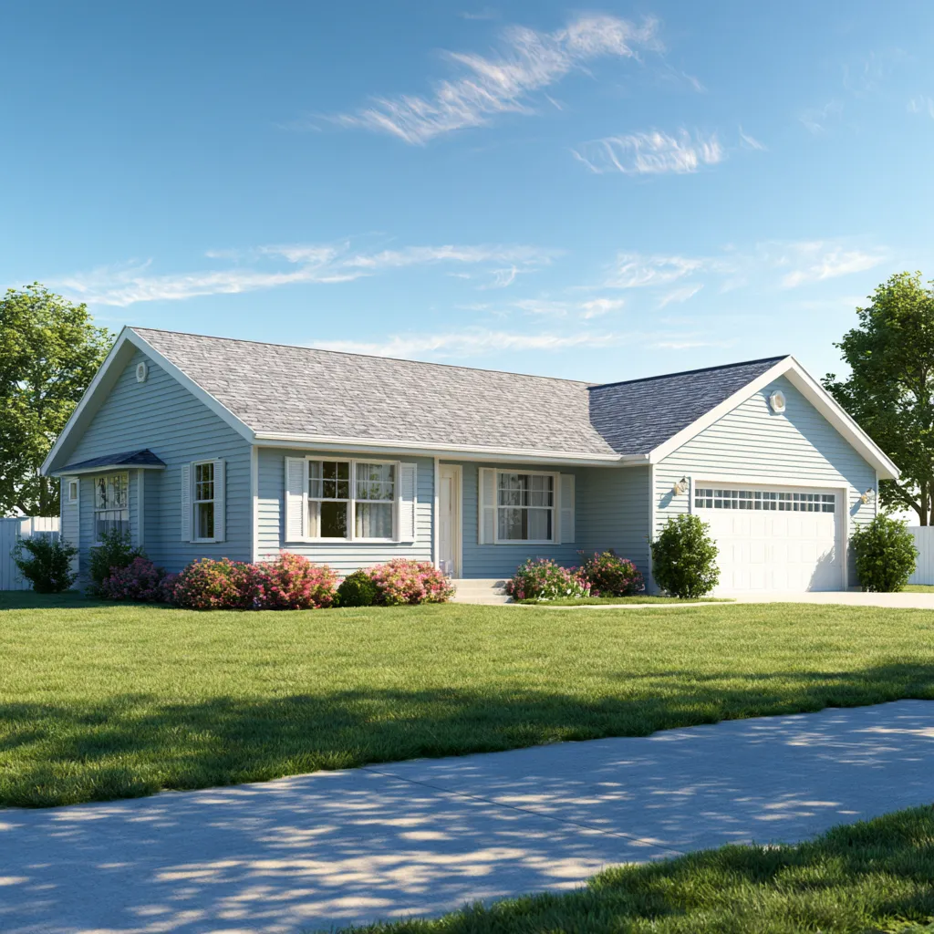 Gray asphalt shingle roof on a light blue ranch home