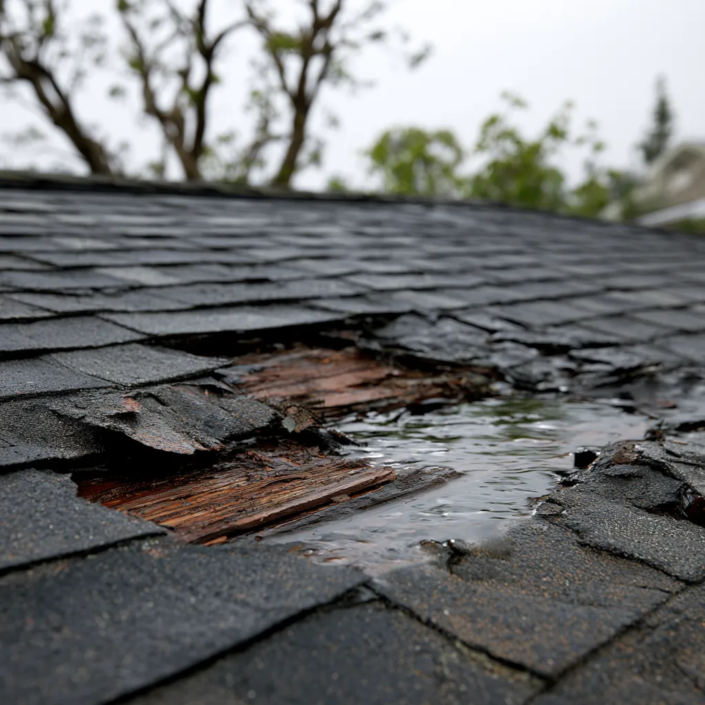 Rotted hole and pooled water on a wet shingle roof